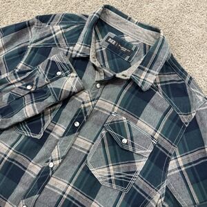 BKE Buckle Men's Western Plaid long Sleeve Pearl Snap Button Up Blue shirt Sz L